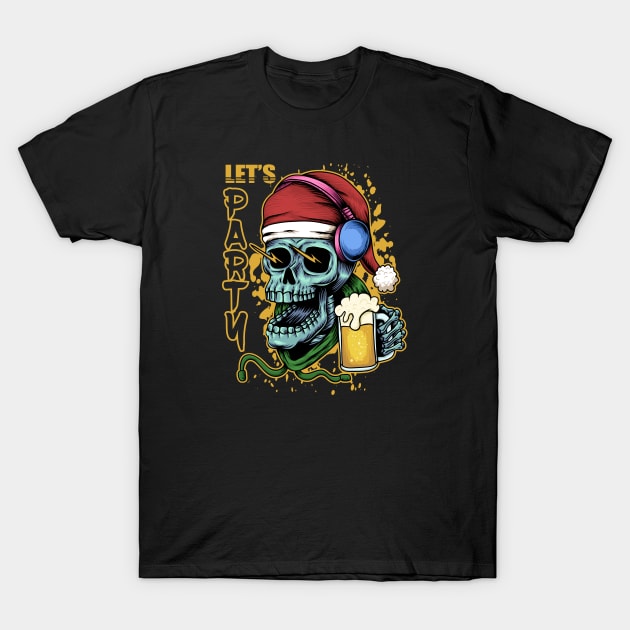 Skull Christmas Beer Party T-Shirt by Marilineandco